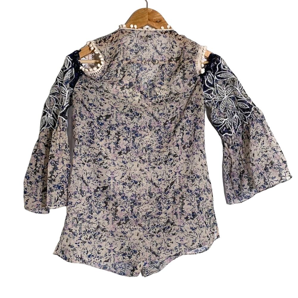 Kobi Halperin Liara Cold Shoulder Boho Pom Pom Blouse White Blue Lilac Small - Picture 4 of 12
